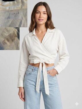 CALIA Linen Blend Cropped Wrap Top White/Cream Size Large Boho Summer